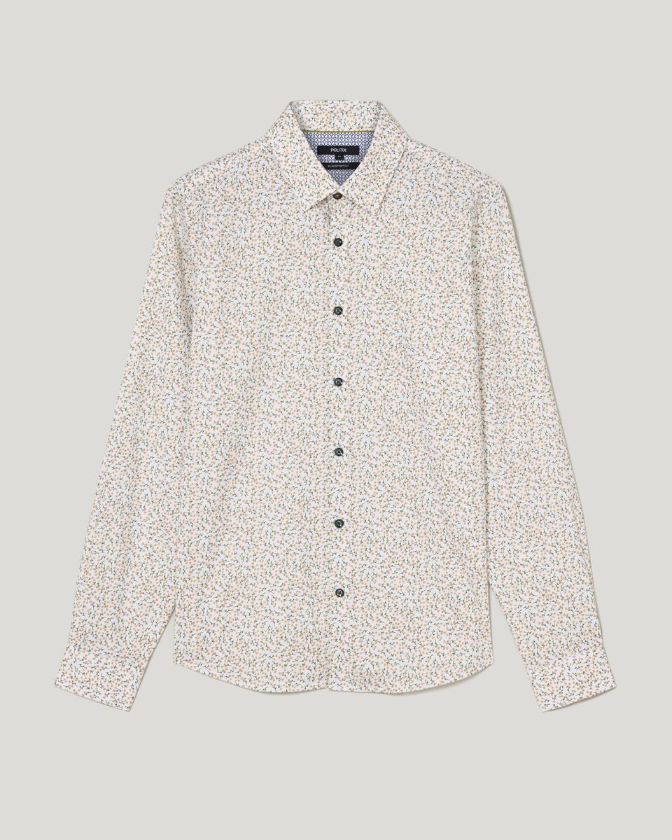 Slim Stretch Floral Long Sleeve Shirt, Khaki, hi-res